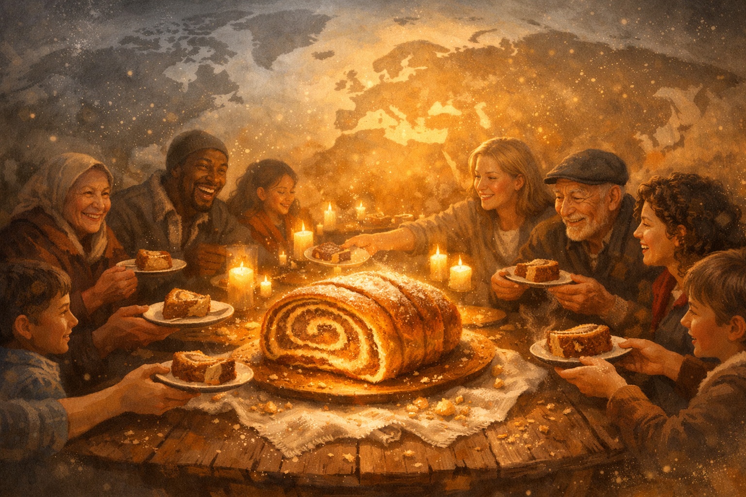 A gathering of people from around the world sharing potica by candlelight, with a map of Europe glowing in the background.